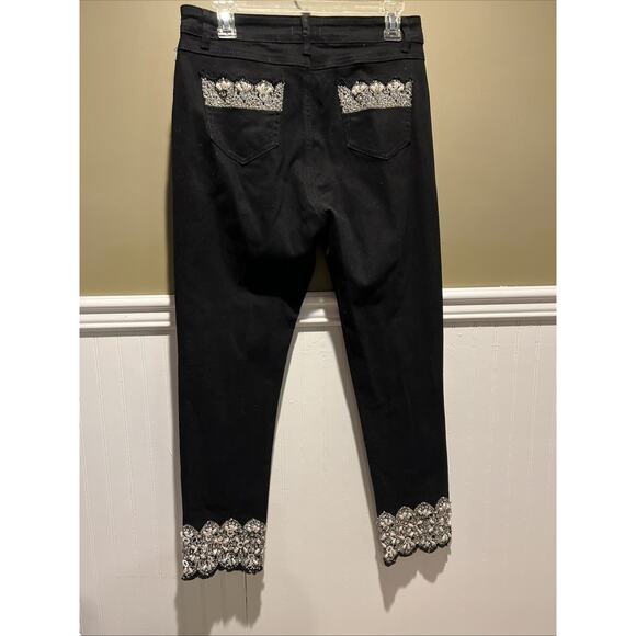 Womens Black Moda Luxe Denim Jeans Rhinestone Embellished Side Zippers 8 - Picture 9 of 11
